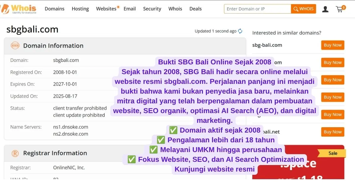 Bukti SBGBALI.COM Online Sejak 2008